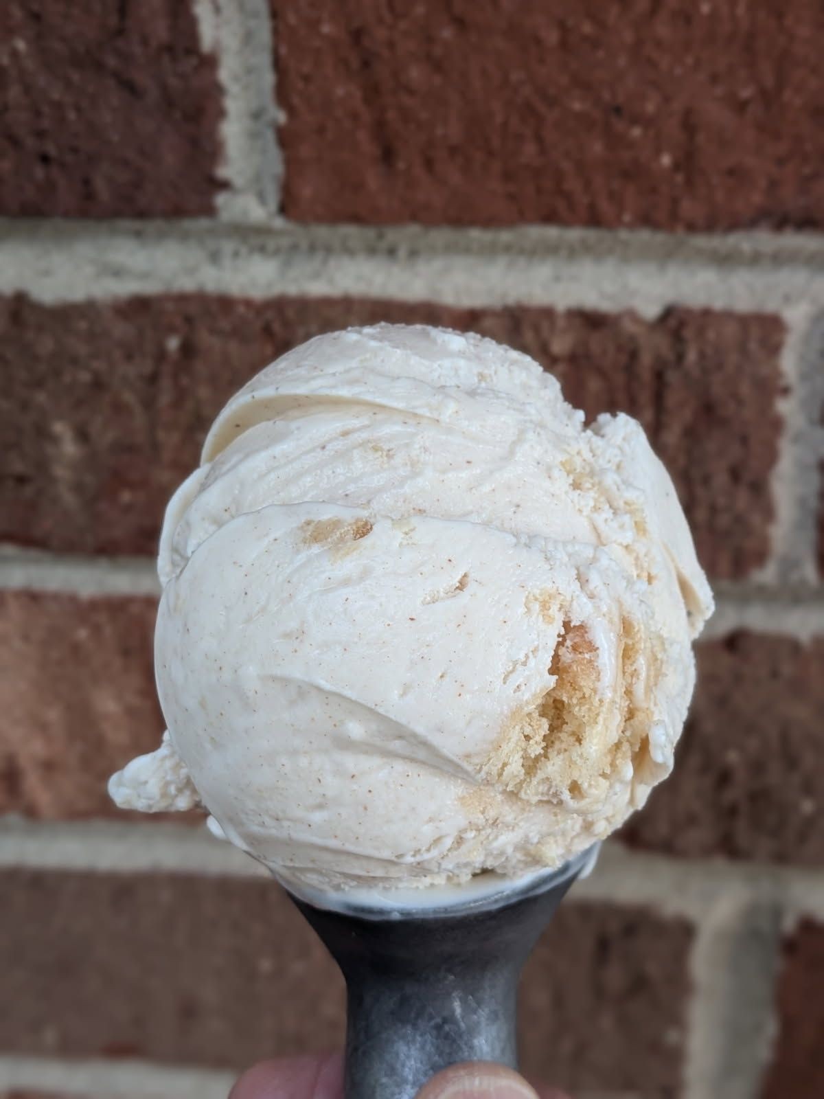 Scoop of vanilla ice cream on a metal scooper with a brick wall in the background.