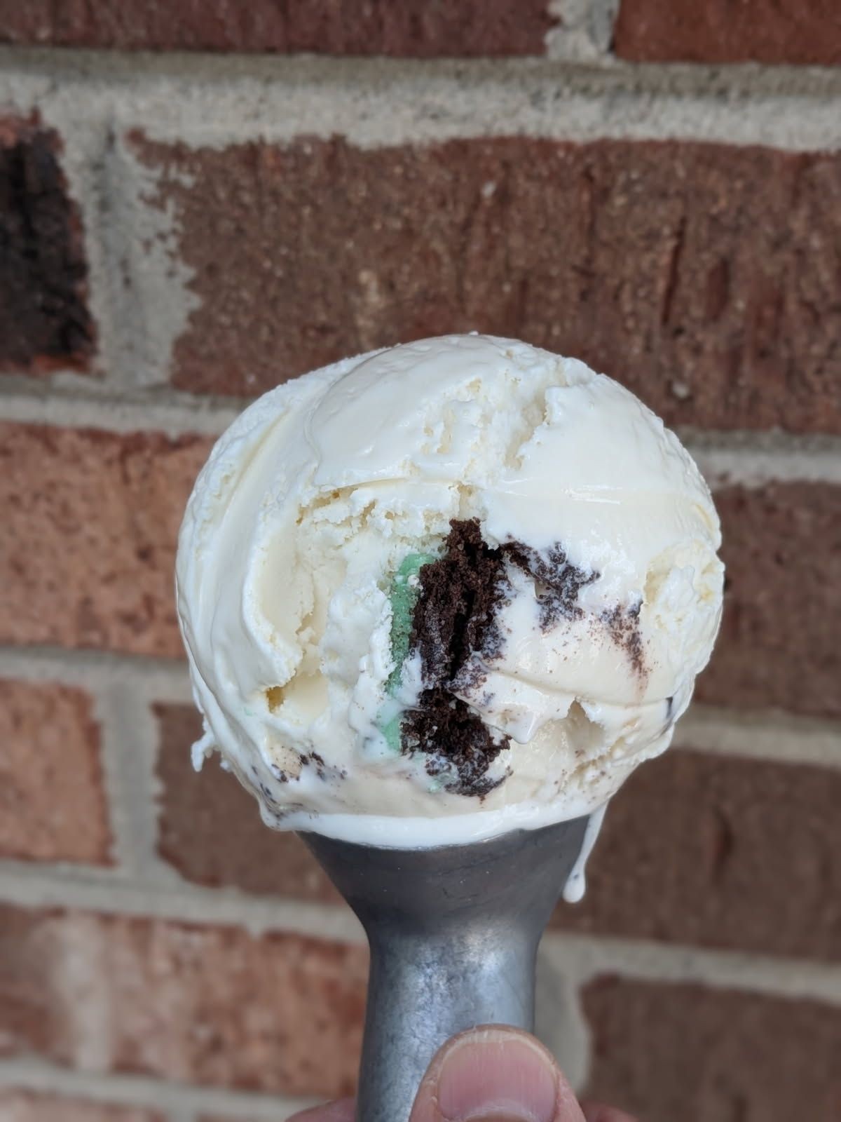 Close-up of a vanilla ice cream scoop with chocolate chunks against a brick wall background.