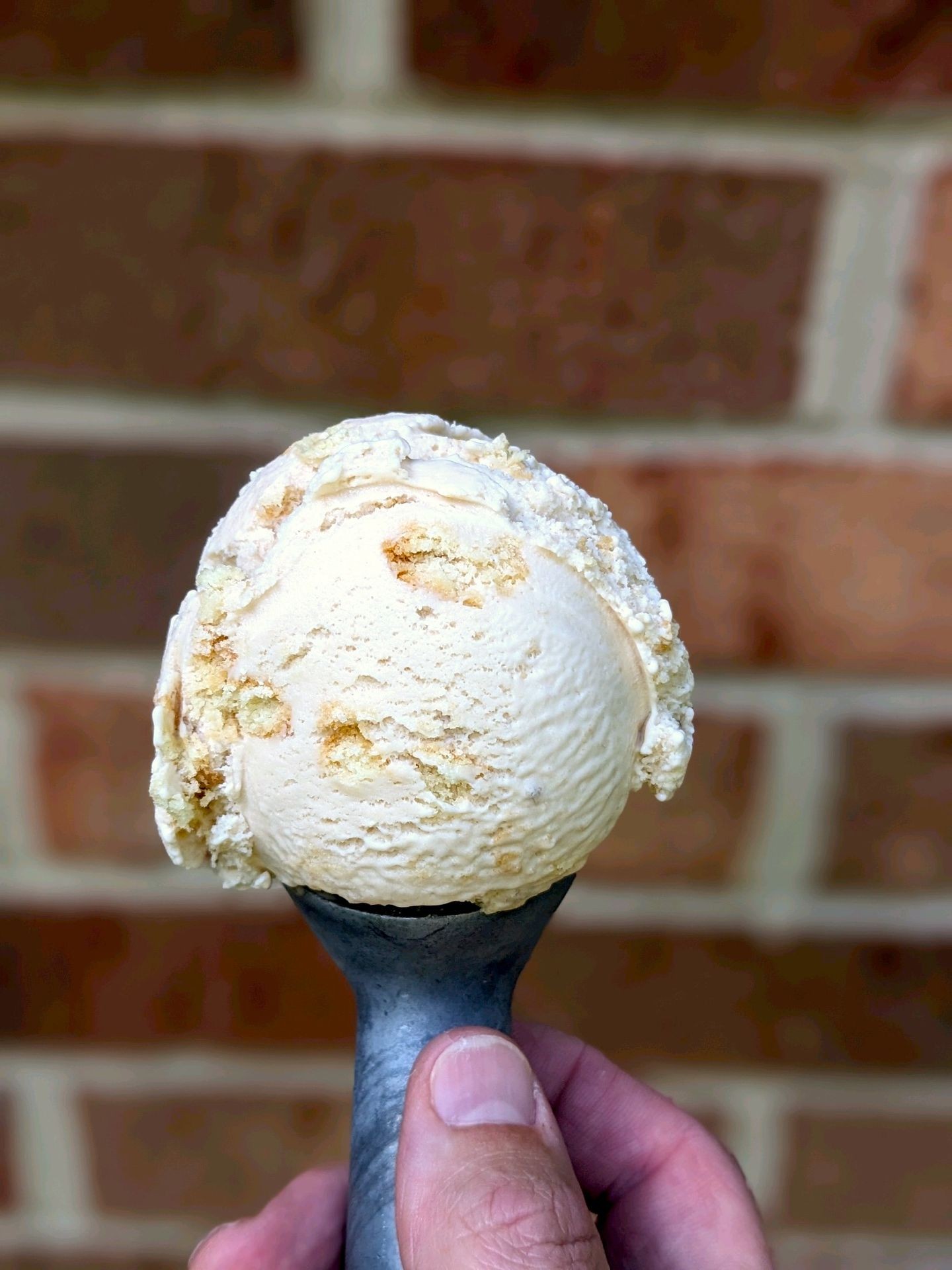 Hand holding an ice cream scoop with a brick wall in the background.